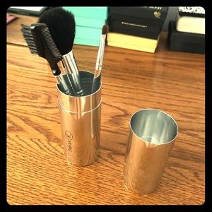 NEW 3 pc makeup brush set with silver holder!